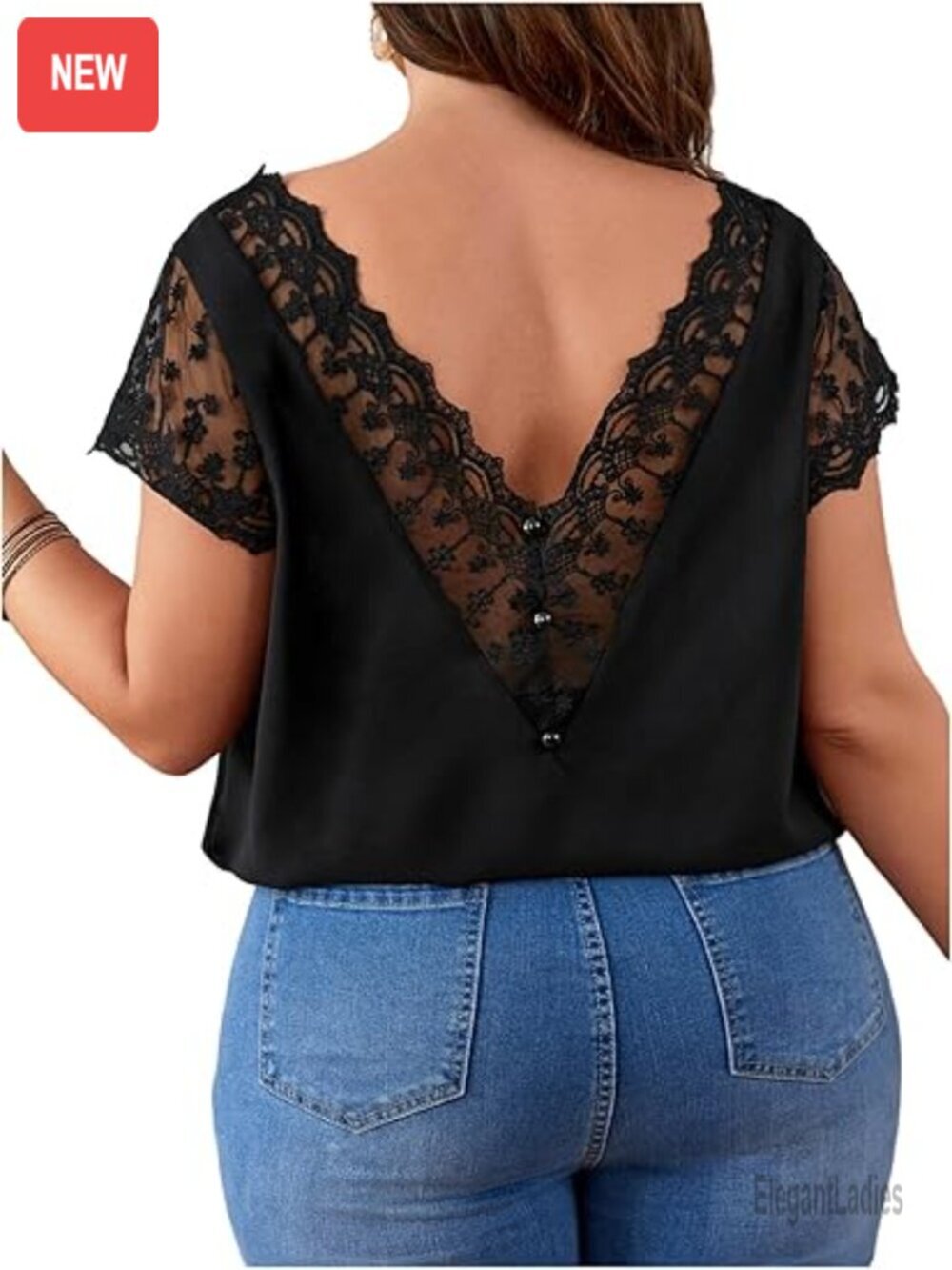 Plus Size Lace Dressy T Shirt Backless Short Sleeve V Neck Top